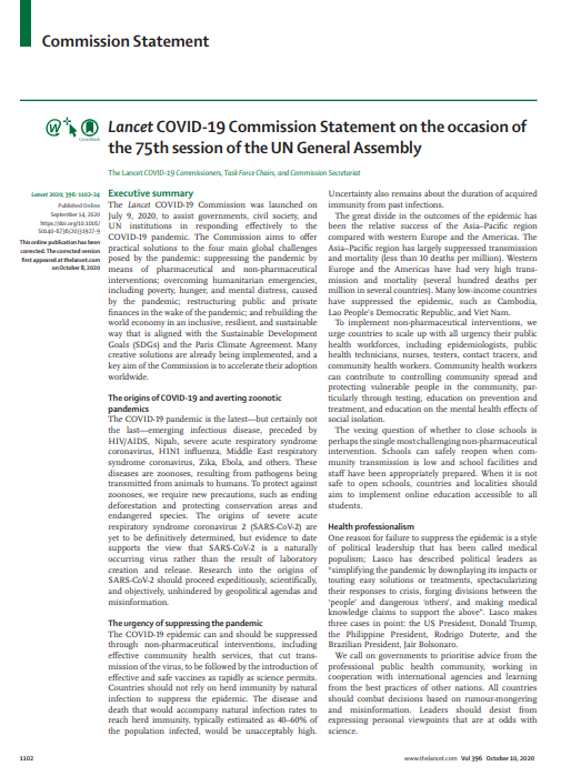 (Birleşmiş Milletler Genel Kurulu 75. Oturumu Münasebetiyle) Lancet COVID-19 Komisyonu Bildirisi, Eylül 2020